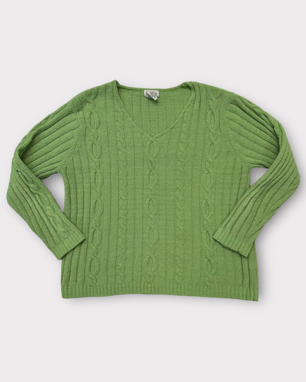 Classic Elements Lime Green Cable Knit V Neck Sweater (M)