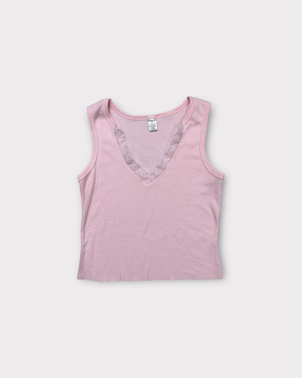 Cindy B Pink Y2K Cropped Tank with Lace Trim (L)
