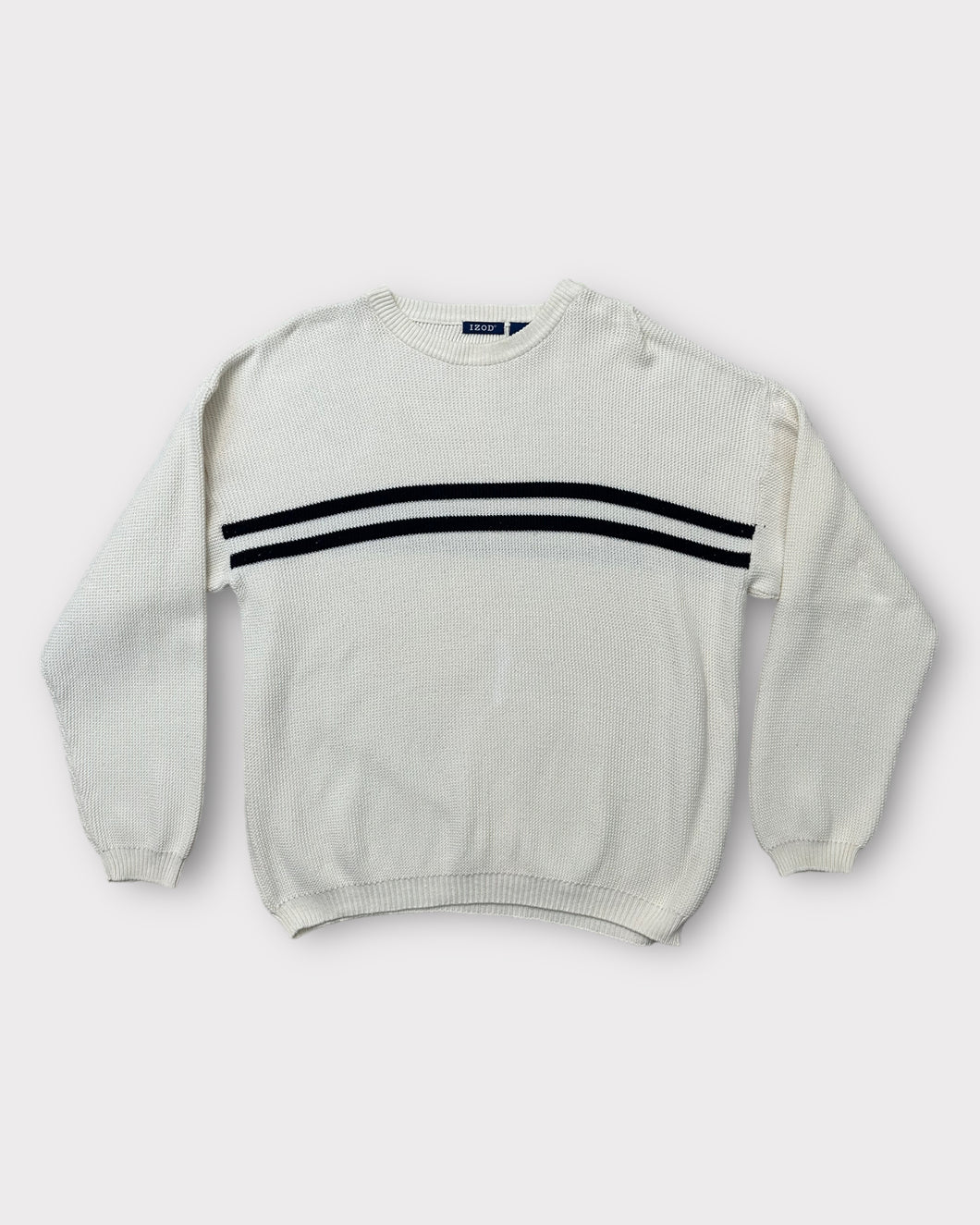 IZOD White & Navy Stripe Waffle Knit Sweater (XL)