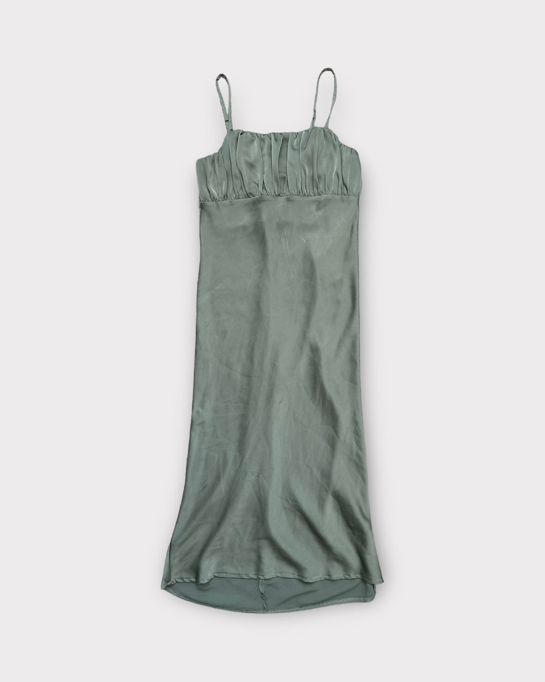 Misguided Sage Green Ruched Silk Midi Dress (4)