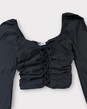 Load image into Gallery viewer, Miss Lola Black Front Tie Cottage Core Puff Sleeved Top (S)
