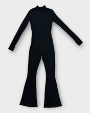 Load image into Gallery viewer, Prettylittlething Black Rib Knit Zip Up Mock Neck Flare Jumpsuit (S)
