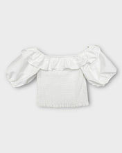 Load image into Gallery viewer, New York &amp; Company White Puffed Sleeved Cinched Picot Trim Top (L)
