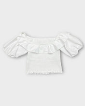 Load image into Gallery viewer, New York &amp; Company White Puffed Sleeved Cinched Picot Trim Top (L)
