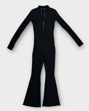 Load image into Gallery viewer, Prettylittlething Black Rib Knit Zip Up Mock Neck Flare Jumpsuit (S)
