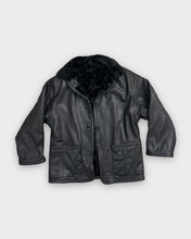 Load image into Gallery viewer, Black Leather Faux Fur Lined Button Up Jacket (L)
