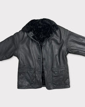 Load image into Gallery viewer, Black Leather Faux Fur Lined Button Up Jacket (L)
